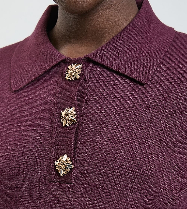 Compact Wool Embellished Button Collared Sweater