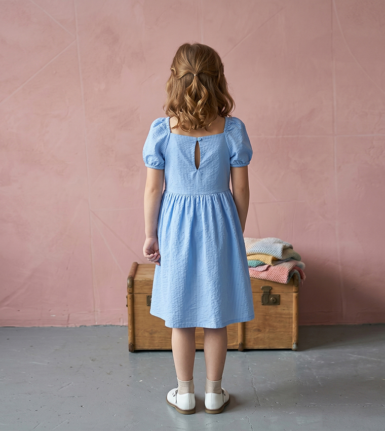 Textured Square Neck Puff Short Sleeve Casual Dress