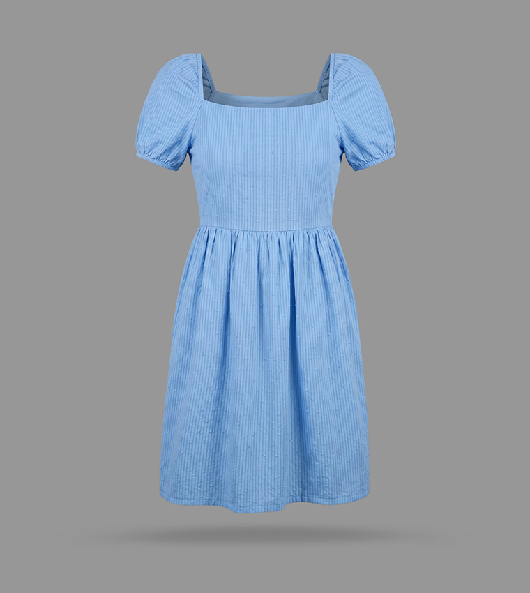 Textured Square Neck Puff Short Sleeve Casual Dress