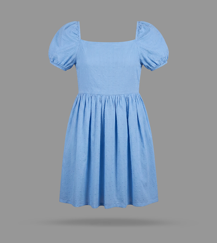 Textured Square Neck Puff Short Sleeve Casual Dress