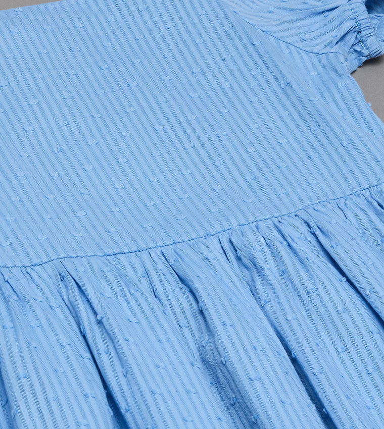 Textured Square Neck Puff Short Sleeve Casual Dress