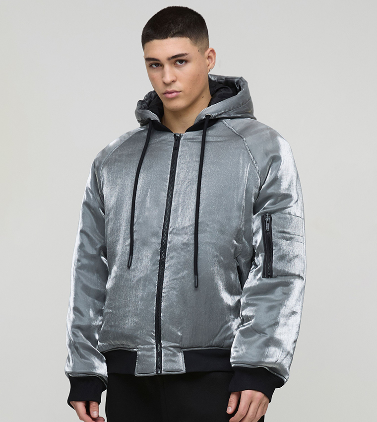 Liquid Metallic Oversized Hooded Bomber Jacket