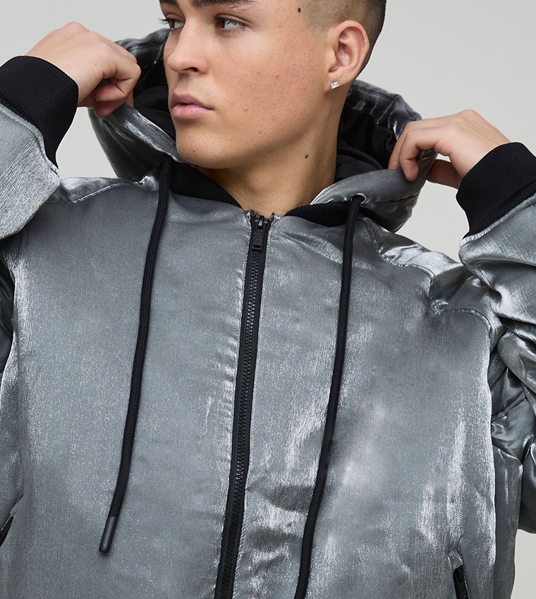 Liquid Metallic Oversized Hooded Bomber Jacket