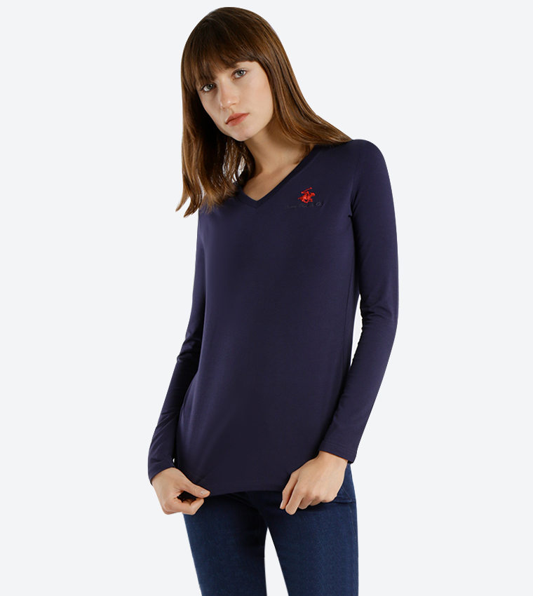 V-Neck Long Sleeve T-Shirt - Navy BP L1368