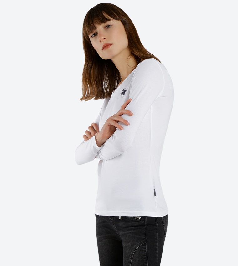 V-Neck Long Sleeve T-Shirt - White BP L1368