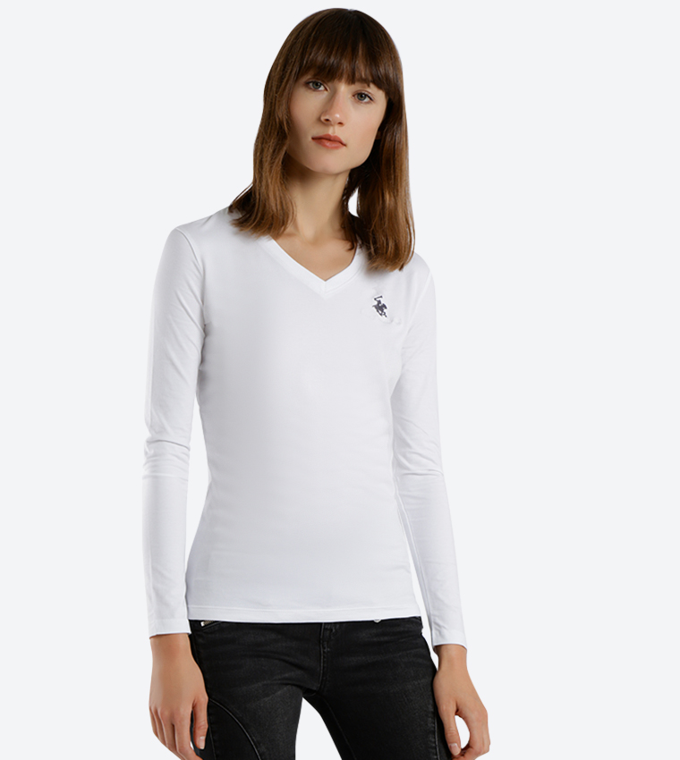 V-Neck Long Sleeve T-Shirt - White BP L1368