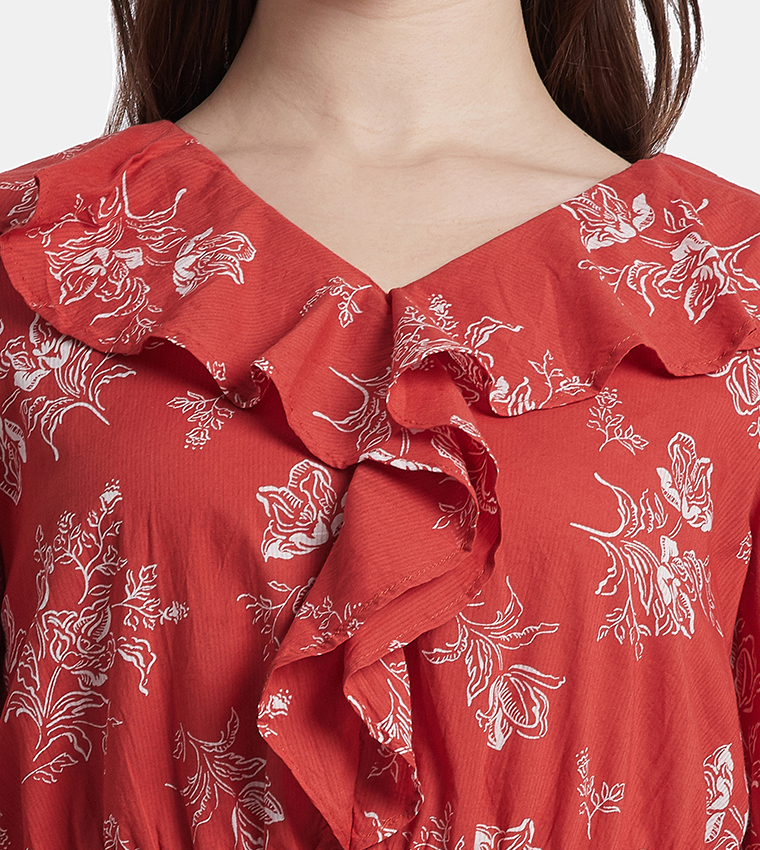 Printed 3/4 Sleeves Ruffle Top