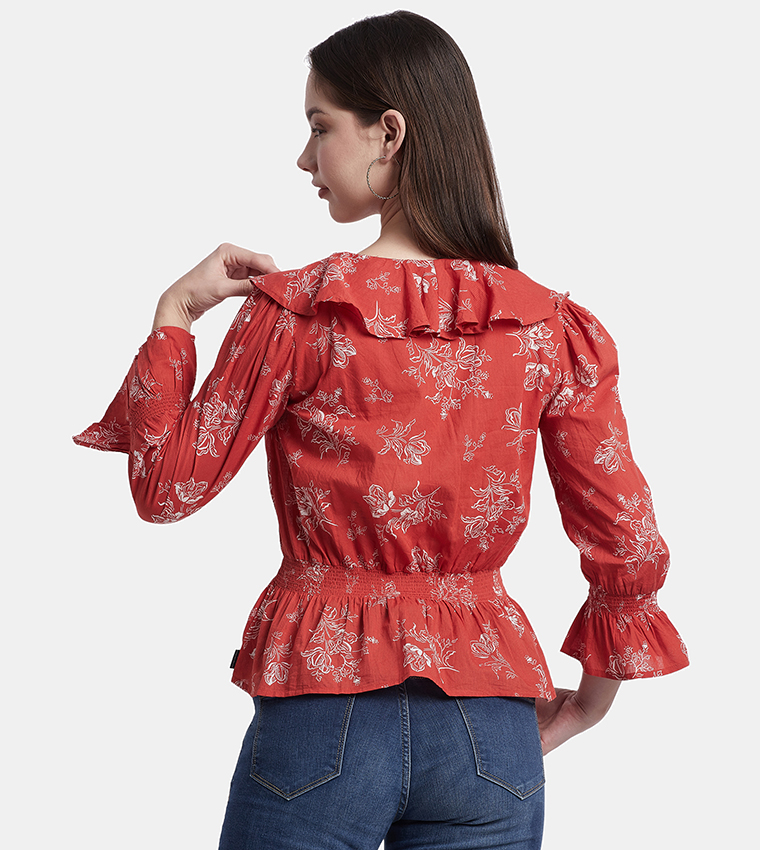 Printed 3/4 Sleeves Ruffle Top