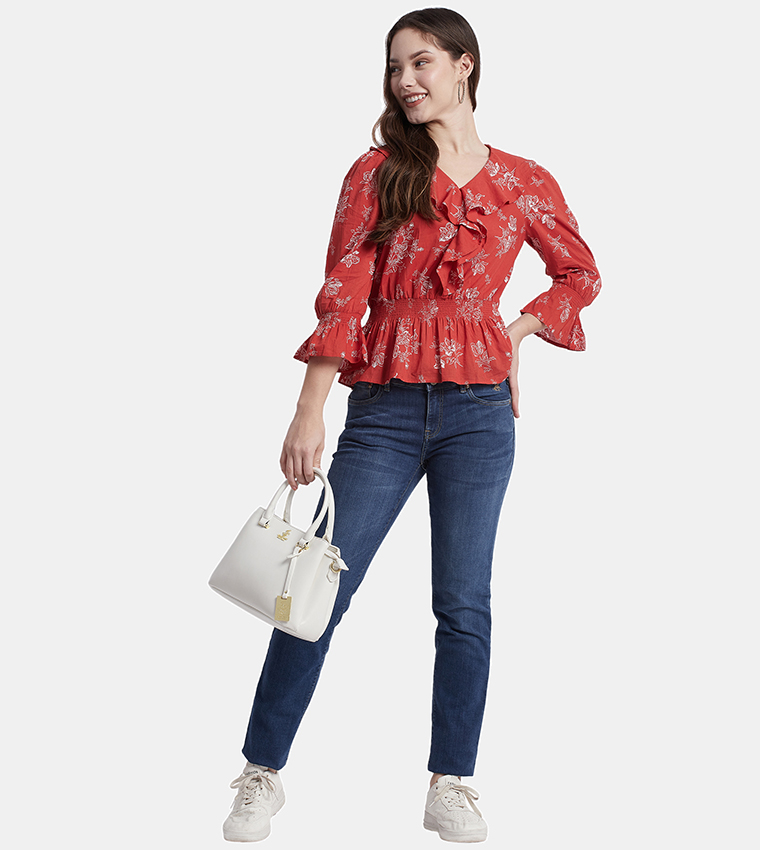 Printed 3/4 Sleeves Ruffle Top