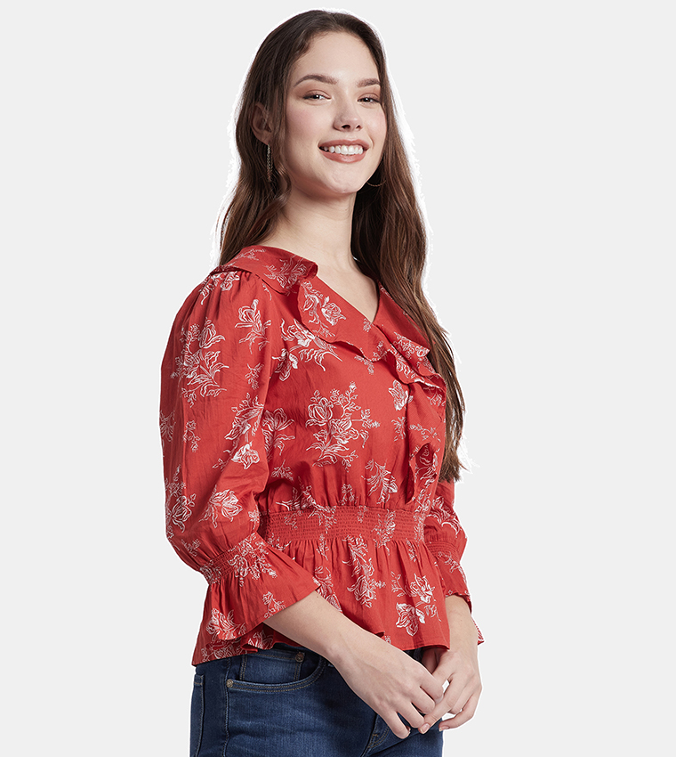 Printed 3/4 Sleeves Ruffle Top