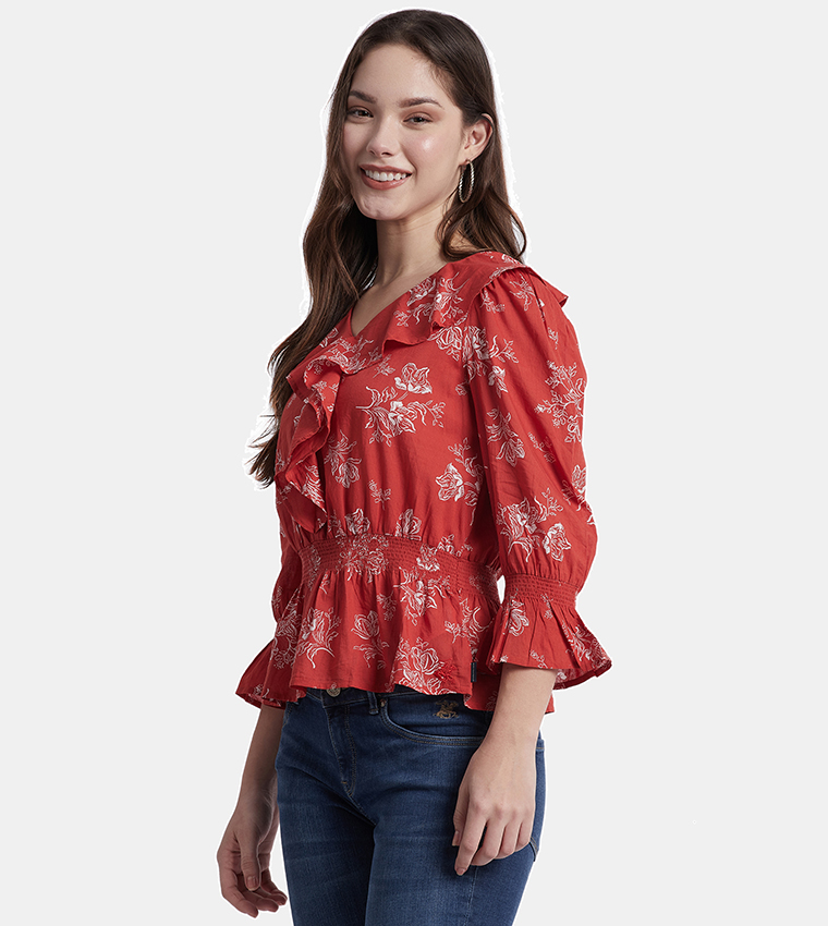 Printed 3/4 Sleeves Ruffle Top