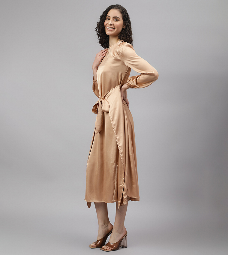 Tie Waist Satin Midi Dress