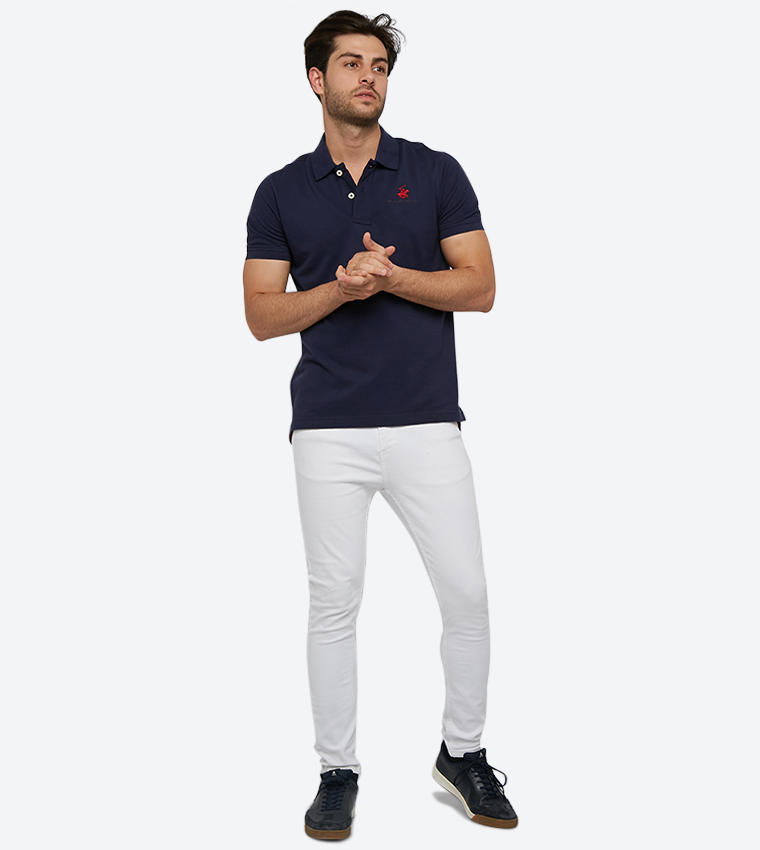 2-Button Placket Short Sleeve Polo Shirt - Navy