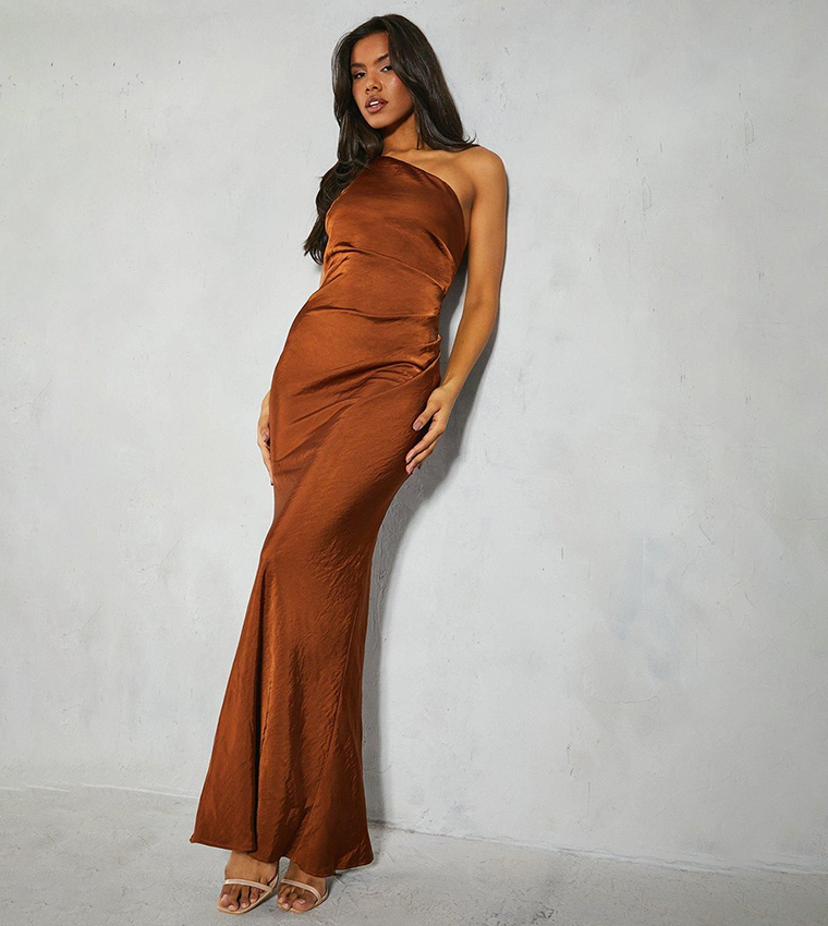 Buy MissPap Satin Asymmetric Strap Pleated Waist Low Back Maxi Dress In  Brown | 6thstreet Bahrain