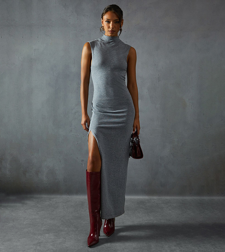 chinese dress ladies Astrid Shirred Thigh High Split Mid Rise Maxi Skirt in Sky Grey