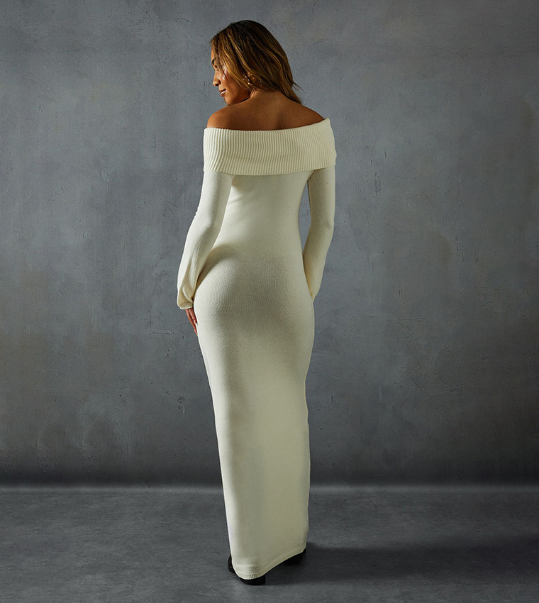 Knitted Bardot Wrap Front Midi Dress