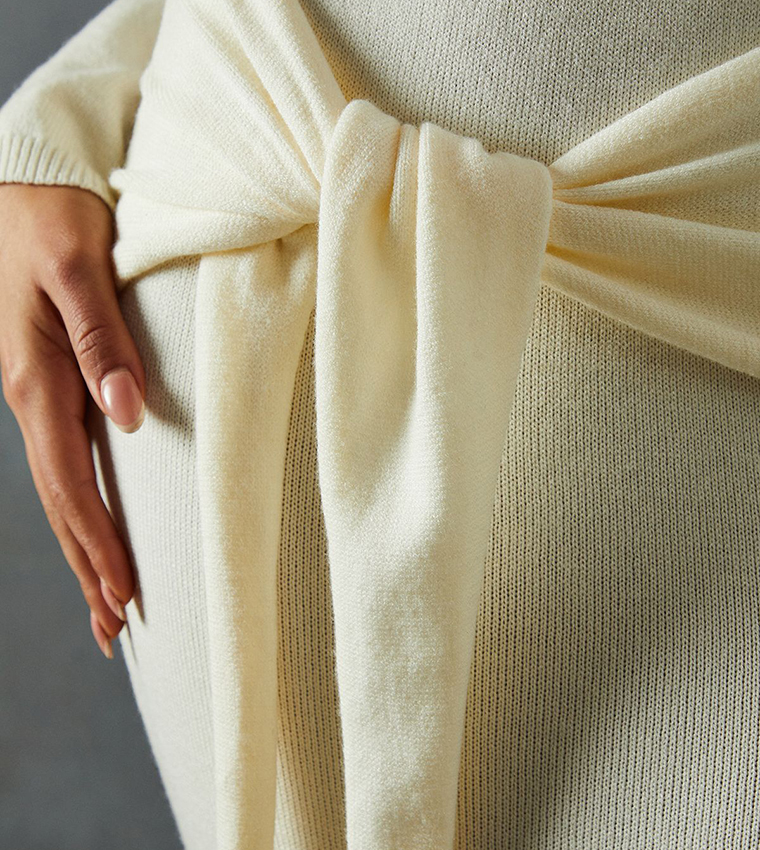 Knitted Bardot Wrap Front Midi Dress