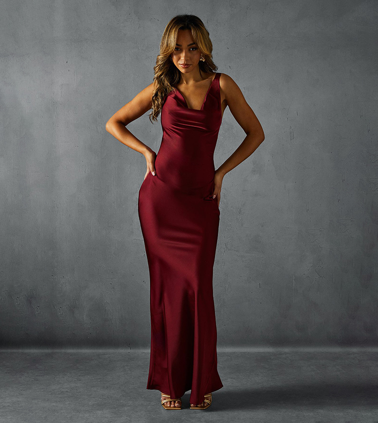Premium Satin Cowl Neck Fishtail Maxi Dress