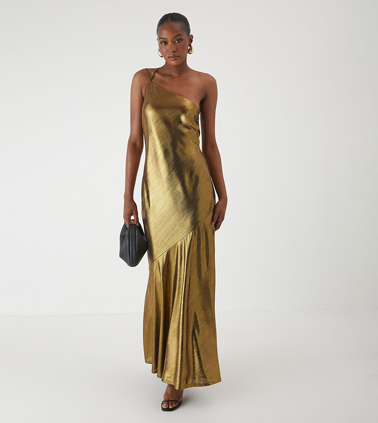 Asymmetric Neck Metallic Maxi Dress