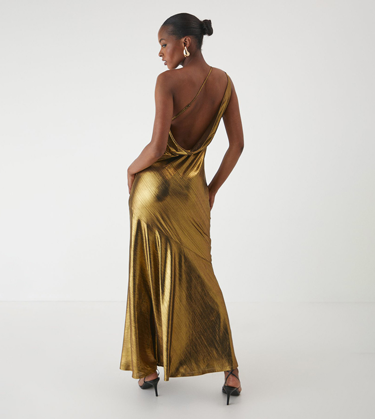 Asymmetric Neck Metallic Maxi Dress