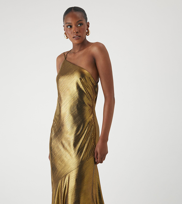 Asymmetric Neck Metallic Maxi Dress