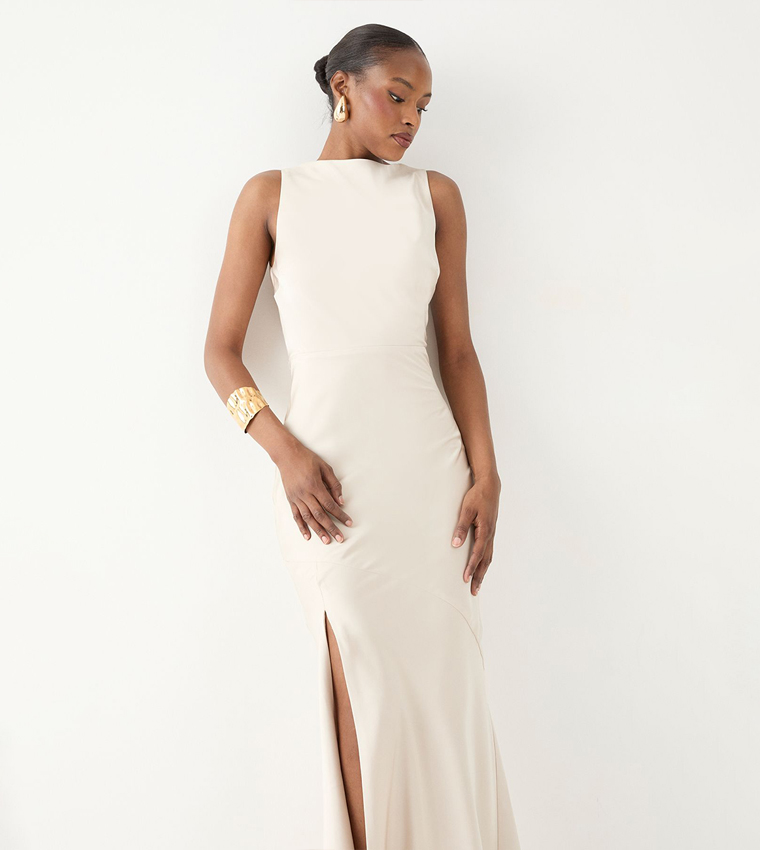Solid High Neck Cowl Back Bridesmaid Maxi Dress