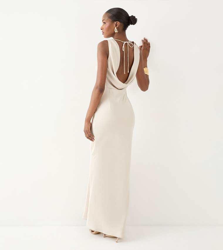 Solid High Neck Cowl Back Bridesmaid Maxi Dress