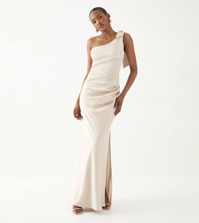 Buy MissPap Asymmetric Shoulder Bow Detail Bridesmaid Maxi Dress In Beige