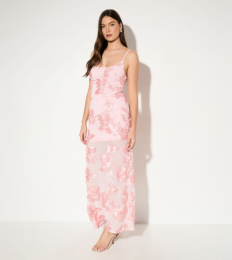 Buy MissPap Floral Sheer Scoop Neck Bias Maxi Dress In Pink | 6thstreet UAE