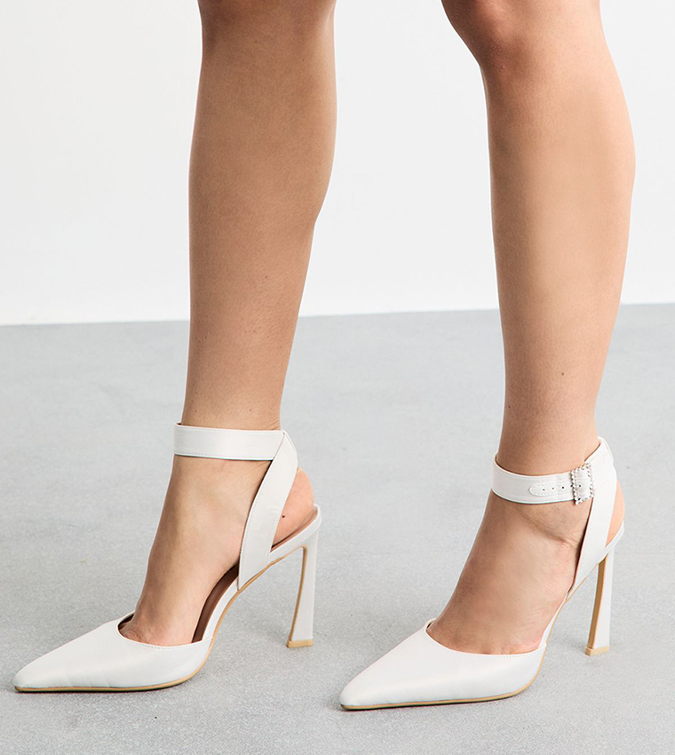 Satin Embellished Buckle Flared Heel Pumps