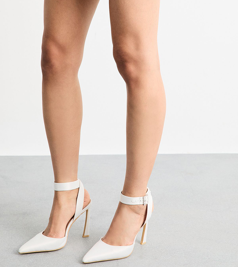 Satin Embellished Buckle Flared Heel Pumps