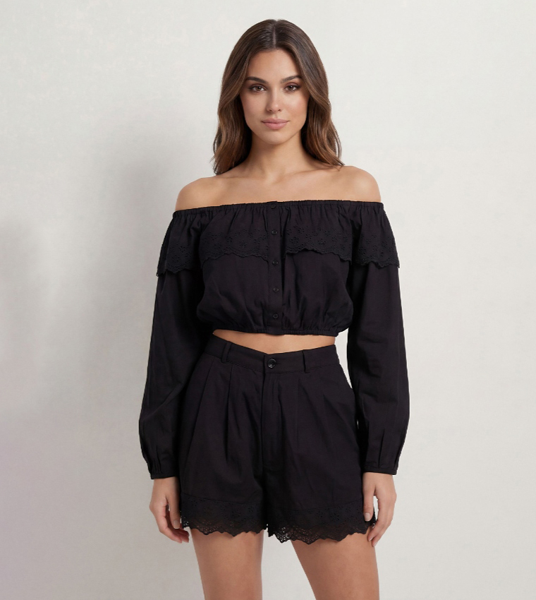 Embroidered Broderie Button Front Crop Top