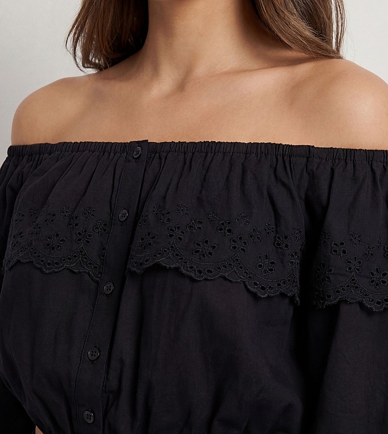 Embroidered Broderie Button Front Crop Top