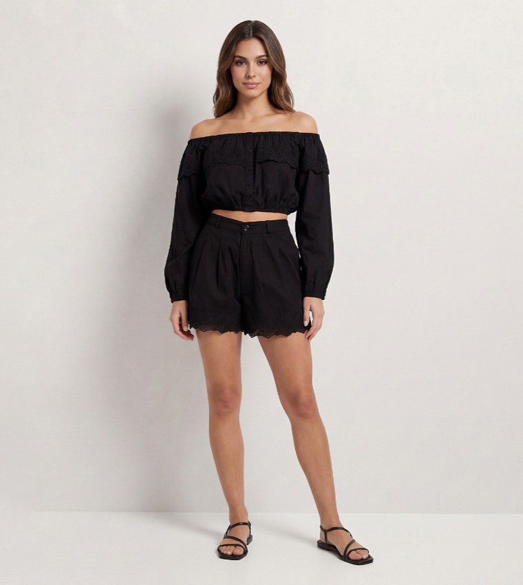 Embroidered Broderie Button Front Crop Top