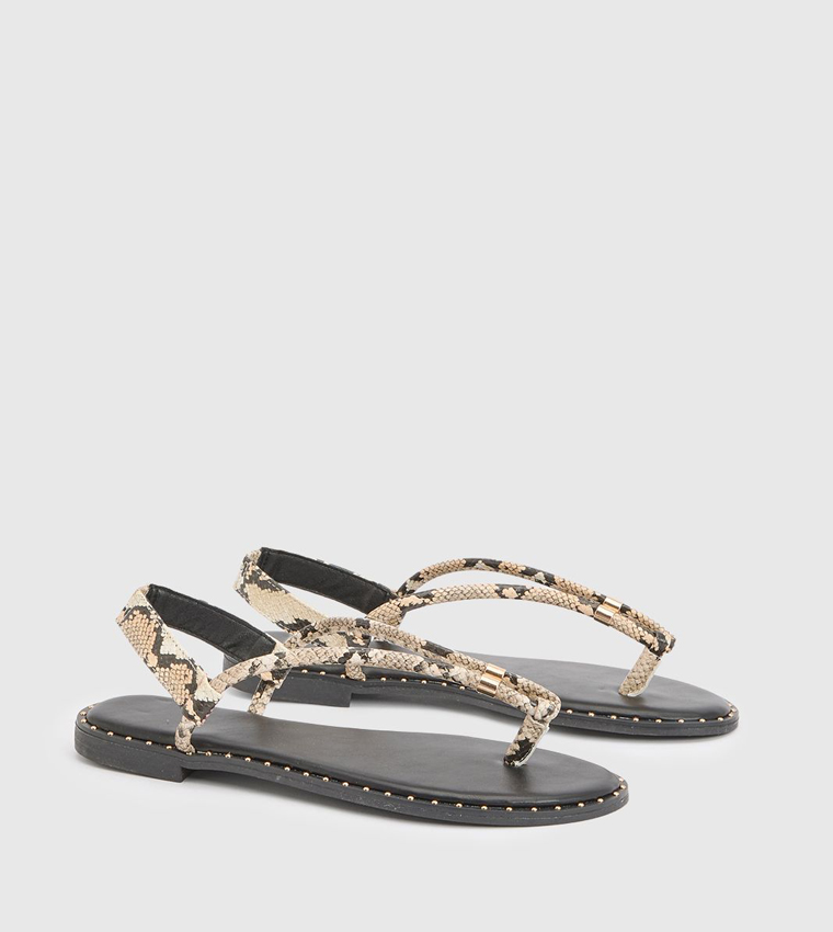 Faux Snake Print Leather Toe Post Flat Sandals