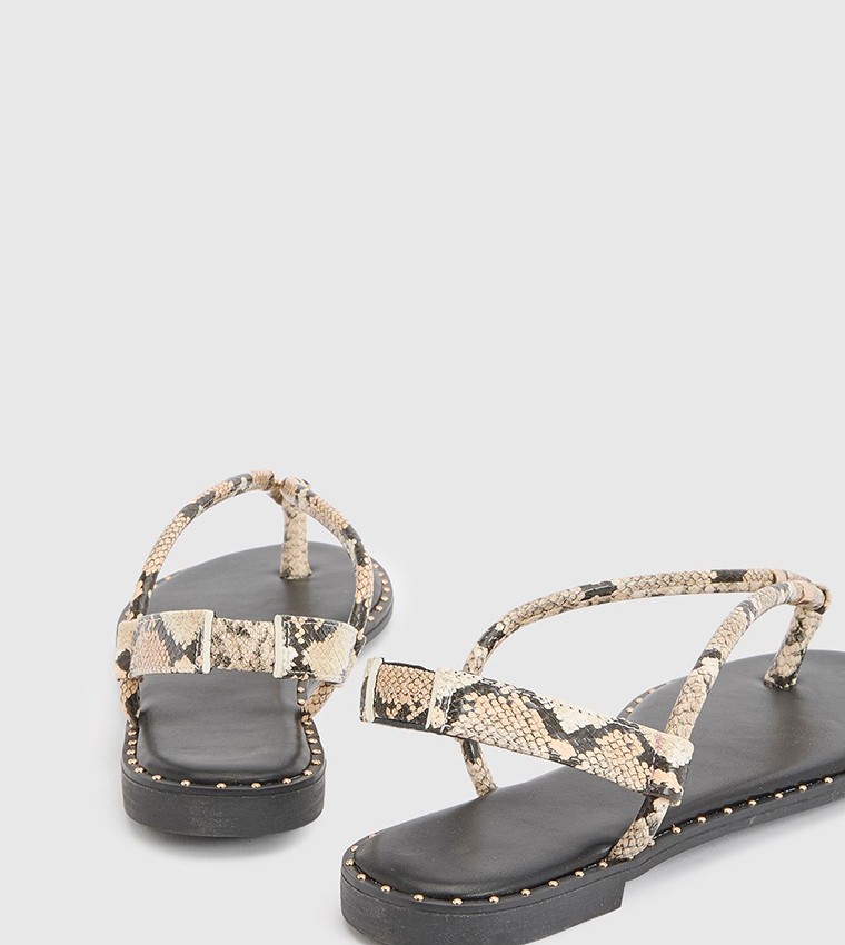 Faux Snake Print Leather Toe Post Flat Sandals