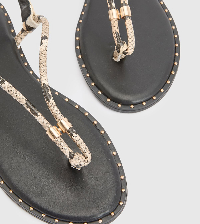 Faux Snake Print Leather Toe Post Flat Sandals
