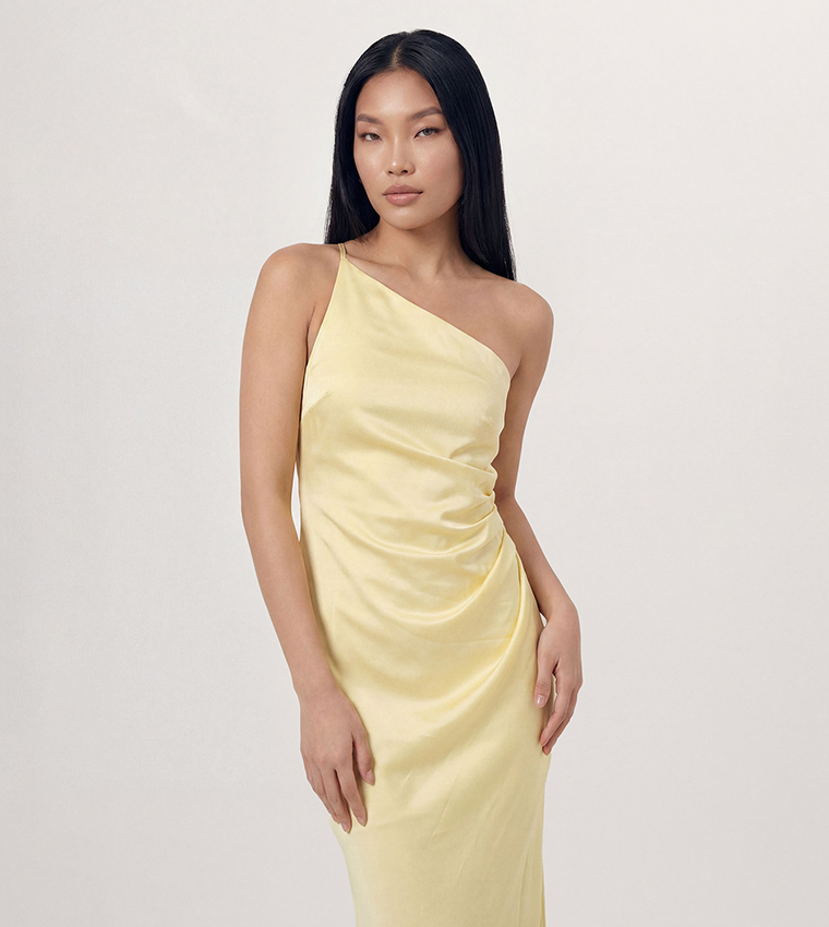 satin asymmetric strap pleated waist low back maxi dress MissPap Women's Satin Asymmetric Strap Pleated Waist Low Back Maxi Bridesmaid Dress in Cream