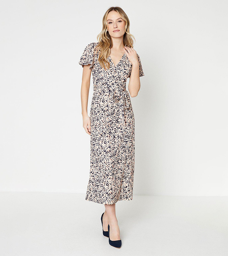 Abstract Flutter Sleeves Wrap Midi Dress