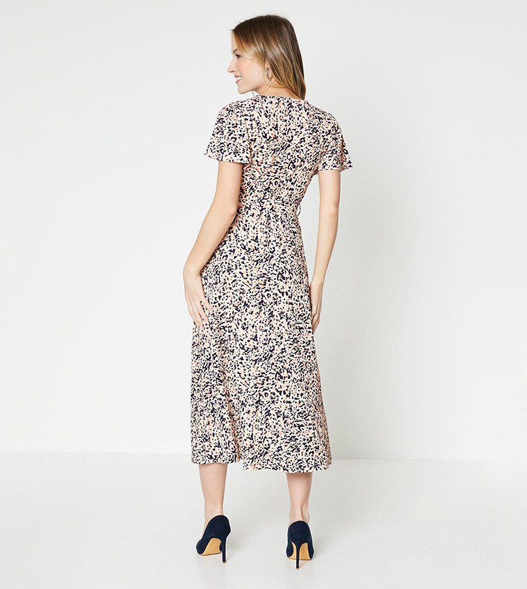Abstract Flutter Sleeves Wrap Midi Dress