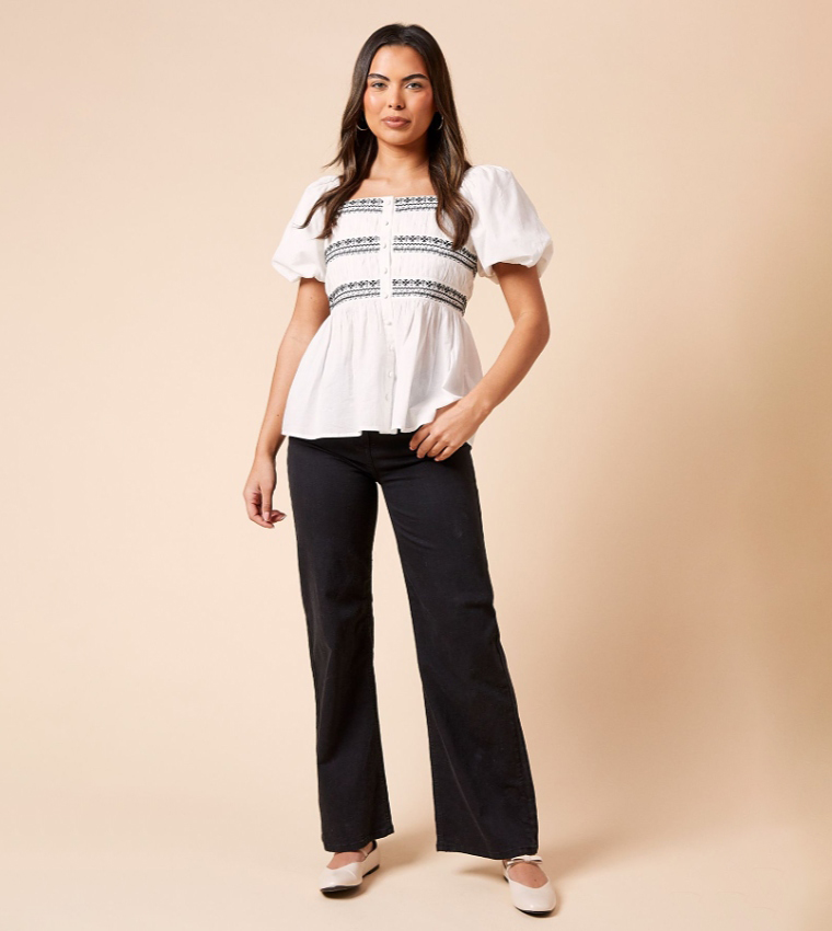 Embroidered Button Front Top