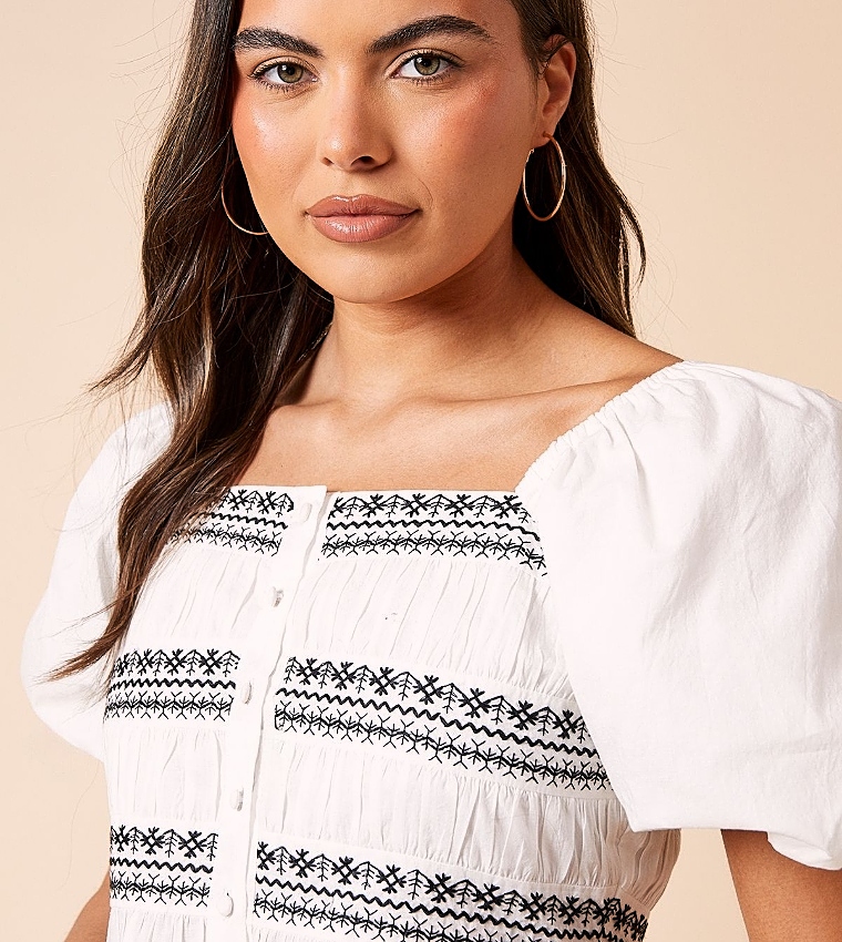 Embroidered Button Front Top