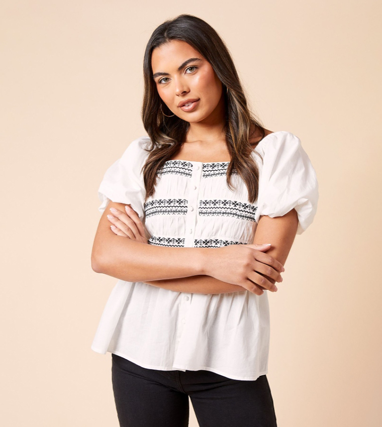 Embroidered Button Front Top