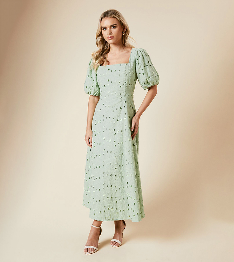 Buy Dorothy Perkins Petite Lace Puff Sleeves Midi Dress In Green |  6thstreet Saudi Arabia