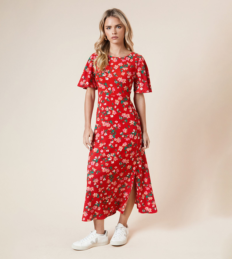 Petite Floral Print Short Sleeves Midi Dress