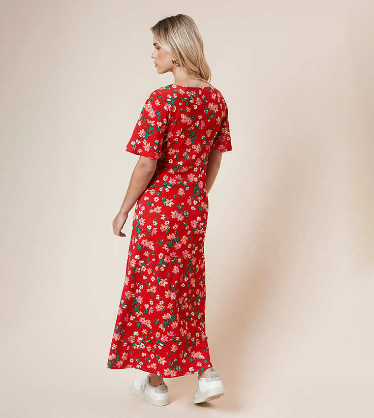 Petite Floral Print Short Sleeves Midi Dress