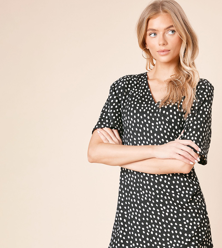 Polka Dot Printed Short Sleeves Wrap Mini Dress