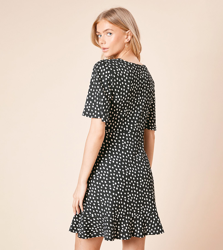 Polka Dot Printed Short Sleeves Wrap Mini Dress