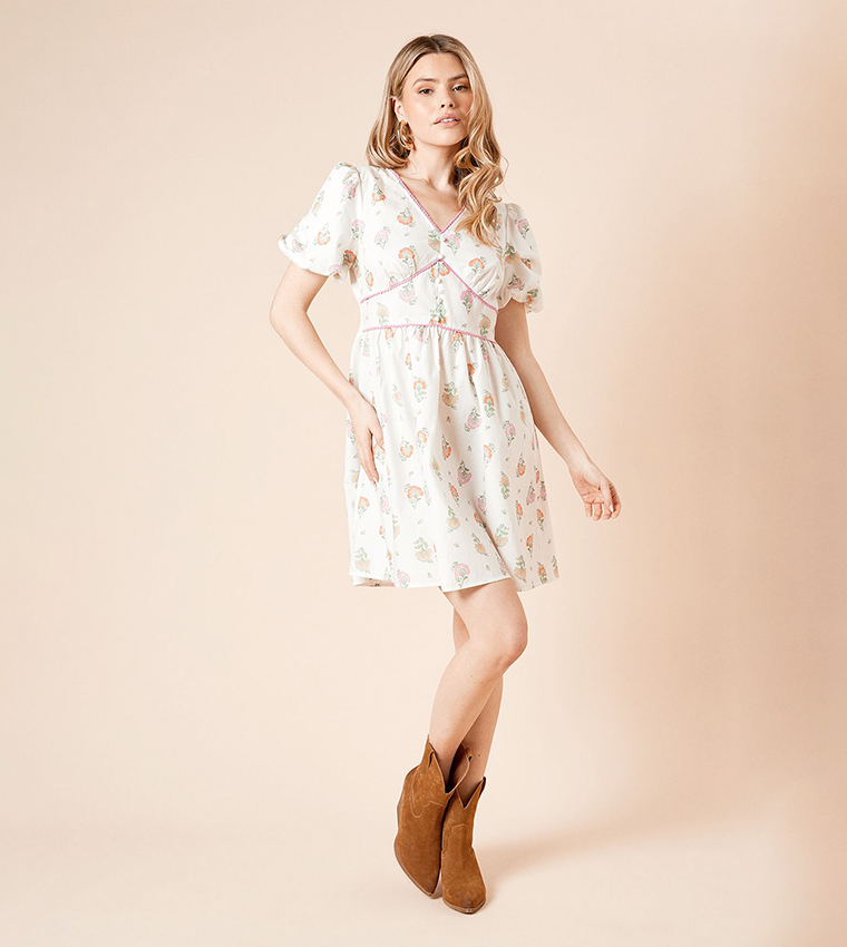 Buy Dorothy Perkins Trim Detail Puff Sleeves Mini Dress In Ivory |  6thstreet UAE