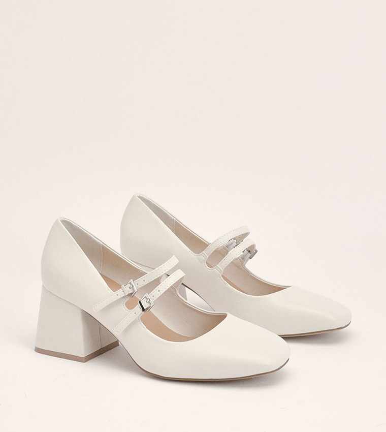 Wide Fit Dawn Faux Leather Double Mary Jane Block Heel Pumps